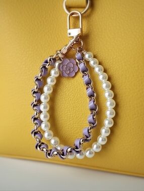 Lavender Pearl Keychain  Wrist Strap Bag Charm with Flower Accent